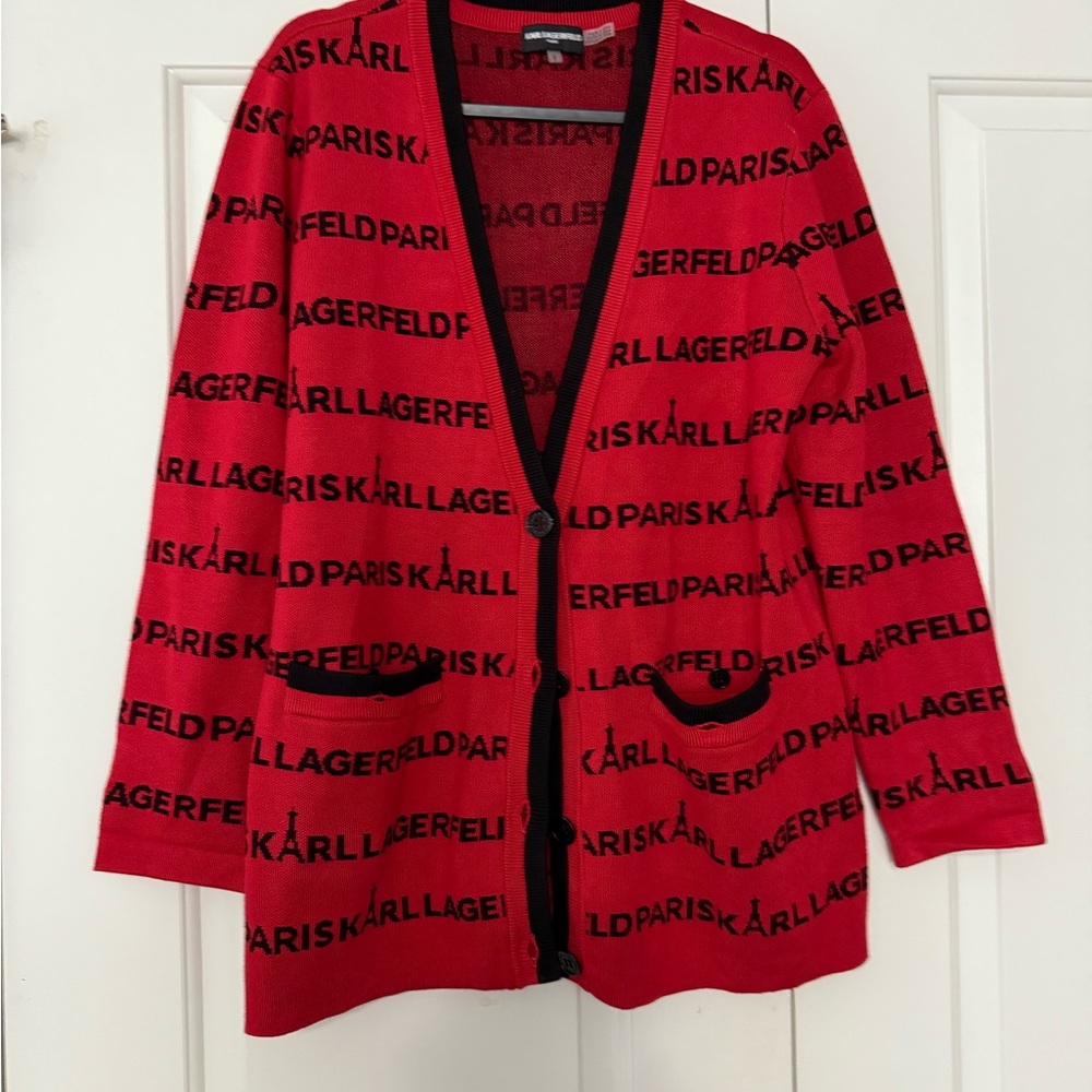 Karl Lagerfeld Red and Black Cardigan Sweater